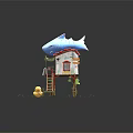 Charming Cartoon Water House With Shark Roof Wooden Bridge Little Duck And Lily Pads