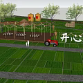Rural Farm Landscape With Lush Grass Green Trees People Tractor And Wooden Structures