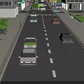 Cartoon City Street Scene With Various Vehicles Buildings Trees And Street Elements