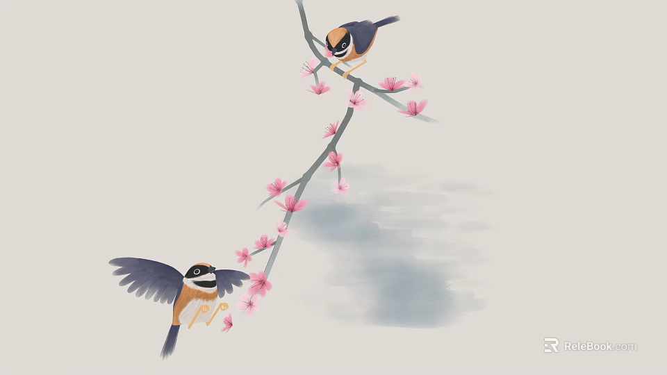 Two Small Birds Flying and Perched on Blossoming Branch with Pink Flowers 3d model 