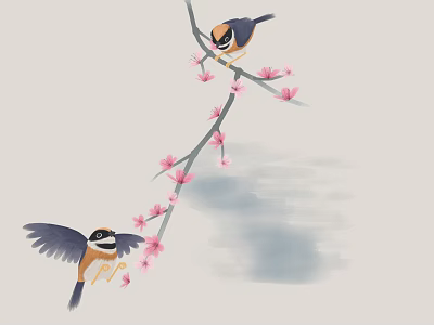 Two Small Birds Flying and Perched on Blossoming Branch with Pink Flowers 3d model