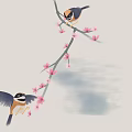Two Small Birds Flying and Perched on Blossoming Branch with Pink Flowers