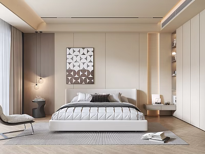 Modern Bedroom Interior With Large Bed Decorative Art Chair And Built In Wardrobe 3d model