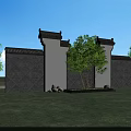 Traditional Chinese Scenic Wall With Tiled Roof Carved Patterns And Green Trees