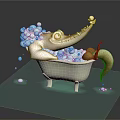 Playful Crocodile Enjoying Bath Time In White Bathtub With Bubbles And Rubber Duck