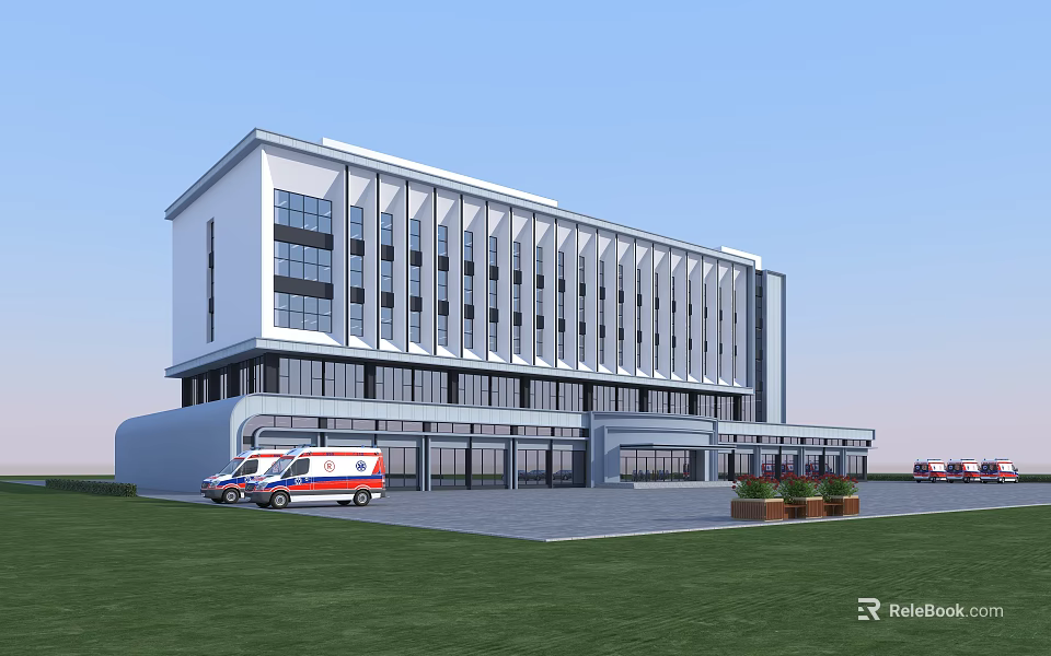 Modern Hospital Building Exterior with Glass Windows Ambulance Lawn and Parking Area 3d model 