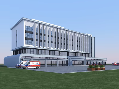Modern Hospital Building Exterior with Glass Windows Ambulance Lawn and Parking Area 3d model