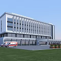 Modern Hospital Building Exterior with Glass Windows Ambulance Lawn and Parking Area