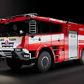 Red Modern Fire Rescue Truck With Emergency Lights And Rescue Equipment