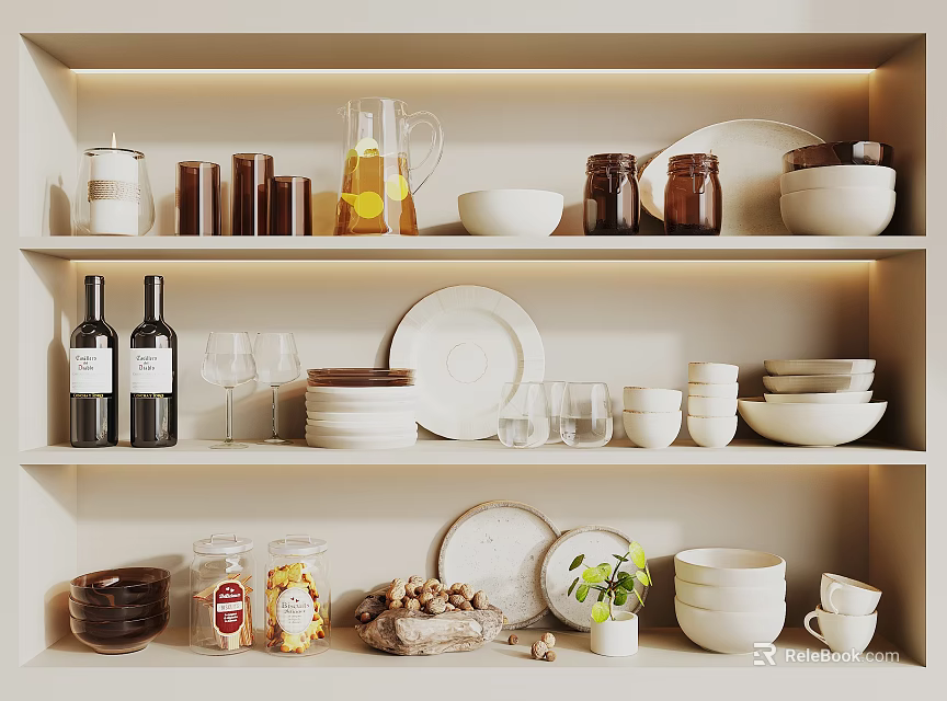 Elegant Tableware Collection On Kitchen Shelves With Bowls Plates Cups Jars And Glassware 3d model 