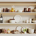 Elegant Tableware Collection On Kitchen Shelves With Bowls Plates Cups Jars And Glassware