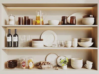 Elegant Tableware Collection On Kitchen Shelves With Bowls Plates Cups Jars And Glassware 3d model