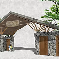 Entrance Gate With Stone Walls Wooden Frame Triangular Roof And Green Trees