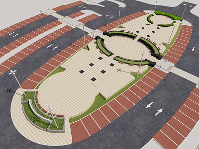 Park Landscape Design With Paved Plaza Green Lawn Areas Street Lamps And Parking Spaces 3d model