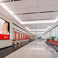 Bank Lobby Interior With Red Seating Benches Service Counters Marble Flooring And Large Windows