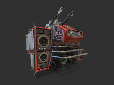 Mechanical Combat Vehicle With Dual Guns Speakers And Red Metal Structure 3d model