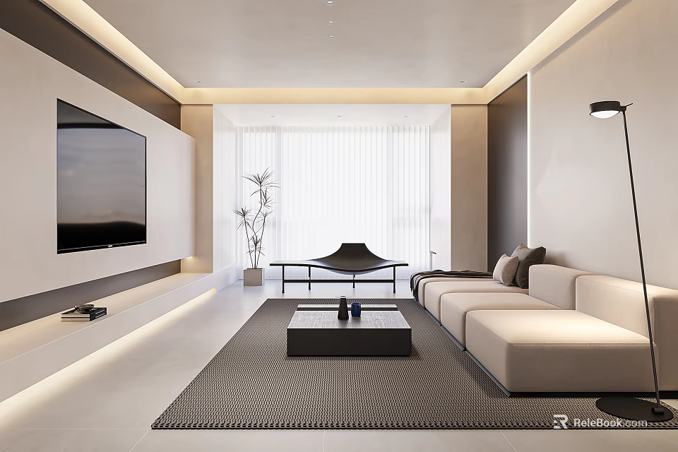 Modern Living Room Interior With TV Wall Sofa Coffee Table And Floor to Ceiling Window 3d model 