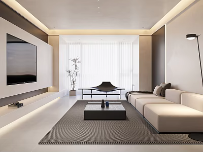 Modern Living Room Interior With TV Wall Sofa Coffee Table And Floor to Ceiling Window 3d model