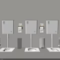 Three White Cistern Squat Toilets With Toilet Brushes And Trash Bins Gray Wall Background
