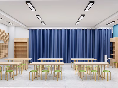 School Classroom Interior With Wooden Tables Green Chairs Blue Curtains And Bookshelves 3d model