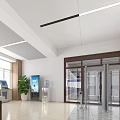 Modern Service Hall Interior With Marble Reception Desk Wooden Walls Glass Doors And Signage
