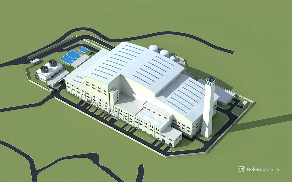 Modern Industrial Factory Complex With White Buildings Domed Roofs And Surrounding Roads 3d model 