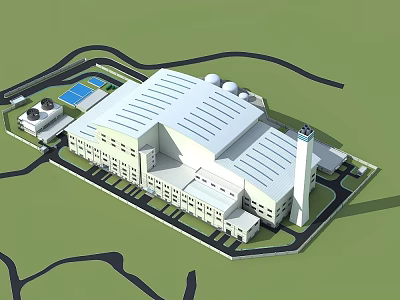 Modern Industrial Factory Complex With White Buildings Domed Roofs And Surrounding Roads 3d model