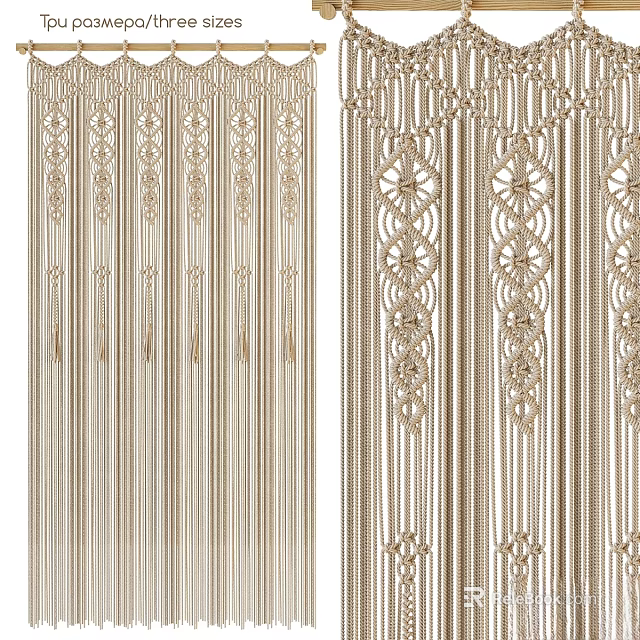 Macramé Curtains With Vertical Stripes Geometric Patterns And Beige Woven Tassel Details 3d model 
