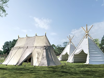 Multiple Traditional Canvas Tipi Tents On Outdoor Grassland With Blue Sky And Green Trees 3d model
