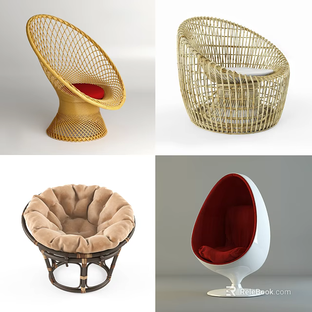 Woven Rattan and Plush Velvet Leisure Chairs With Egg Shaped Curved Design and Red Cushions 3d model 