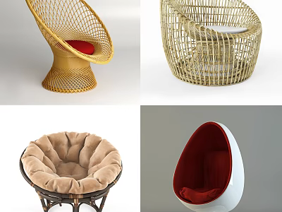 Woven Rattan and Plush Velvet Leisure Chairs With Egg Shaped Curved Design and Red Cushions 3d model