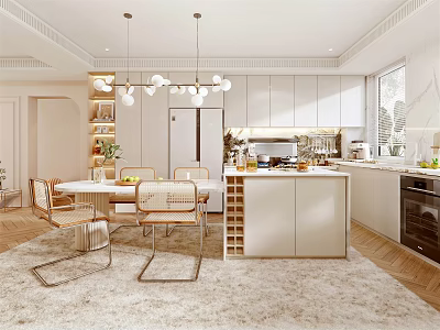 Modern Kitchen With Dining Area Hanging Lights White Cabinets And Island With Wine Rack 3d model