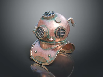 Vintage Copper Diving Helmet Featuring Circular Viewing Windows And Metal Pipes 3d model
