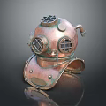 Vintage Copper Diving Helmet Featuring Circular Viewing Windows And Metal Pipes