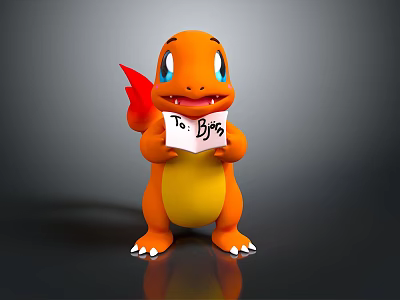 Cute Orange Charmander Character Holding Paper Note With To Bye And Red Flame Tail 3d model