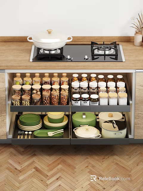 Modern Kitchen Cabinet Organized Storage With Cookware Dishes Spice Jars 3d model 