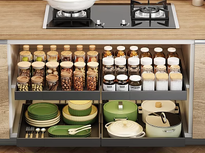 Modern Kitchen Cabinet Organized Storage With Cookware Dishes Spice Jars 3d model