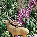 Living Plant Wall With Greenery Purple Red Flowers Deer Sculpture Pebbles And Bamboo