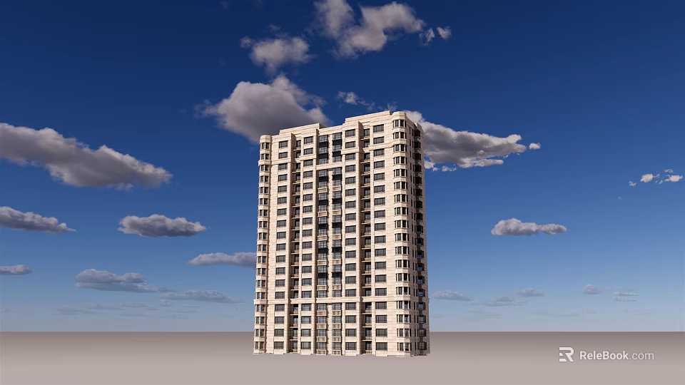 Tall Modern High Rise Building Exterior With Blue Sky And Clouds Over Gray Ground 3d model 