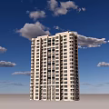 Tall Modern High Rise Building Exterior With Blue Sky And Clouds Over Gray Ground