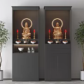 Black Cabinets With Golden Buddha Statues Halos Red Candles White Bowls And Flanking Potted Trees