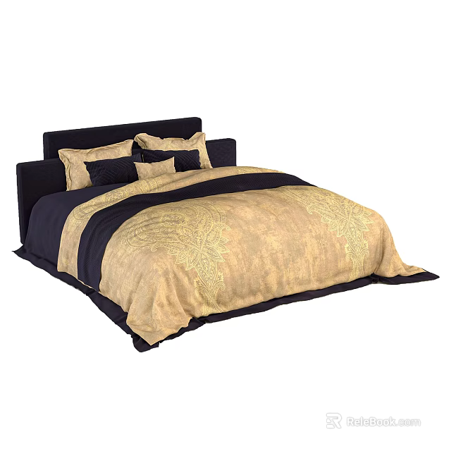 Double Bed With Dark Headboard Gold Navy Patterned Quilt And Pillows 3d model 