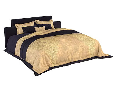 Double Bed With Dark Headboard Gold Navy Patterned Quilt And Pillows 3d model