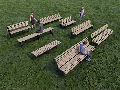 Multiple Wooden Landscape Seats On Green Grassland With People Resting And Walking 3d model