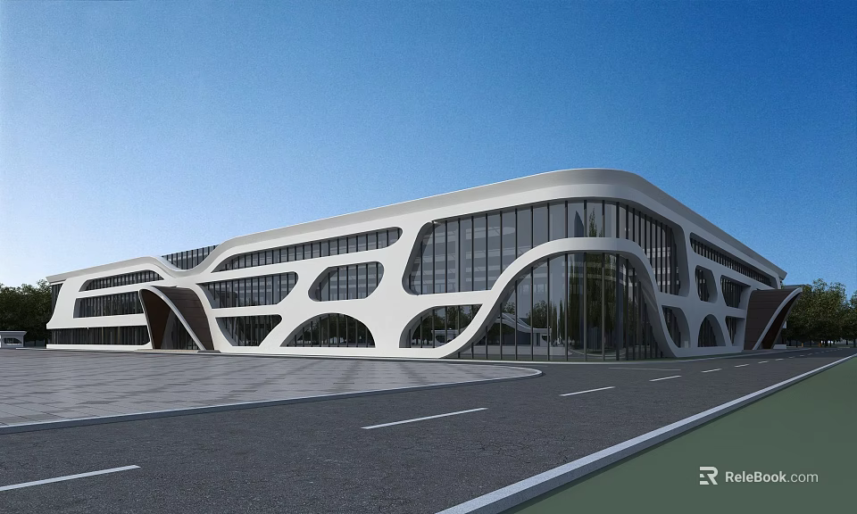 Modern Industrial Factory Building With Large Glass Windows Curved Structure And Spacious Plaza 3d model 