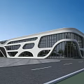 Modern Industrial Factory Building With Large Glass Windows Curved Structure And Spacious Plaza
