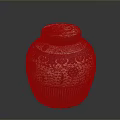 Traditional Ceramic Jar With Red Wooden Lid And Blue White Floral Patterns
