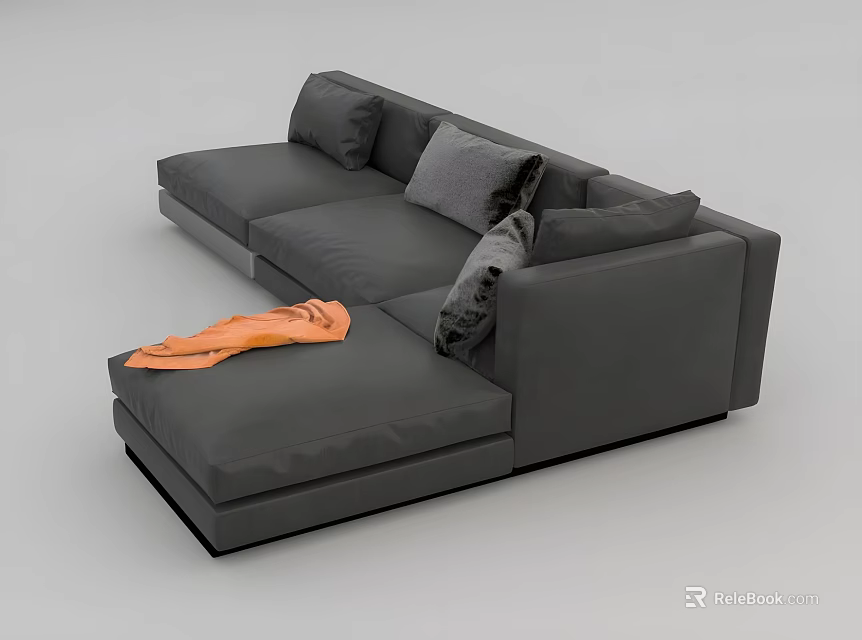 Casual L Shaped Gray Sofa Set With Cushions And Orange Throw Blanket 3d model