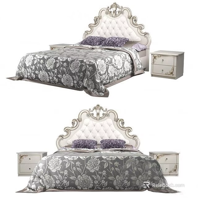 Ornate Upholstered Double Bed With Floral Bedding And Matching Nightstands 3d model 