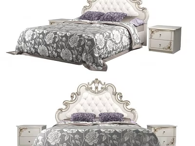 Ornate Upholstered Double Bed With Floral Bedding And Matching Nightstands 3d model